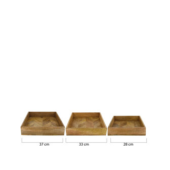 DKNC - Dienblad mango hout - 37x37x8 cm - Set van 3 - Natuurlijk