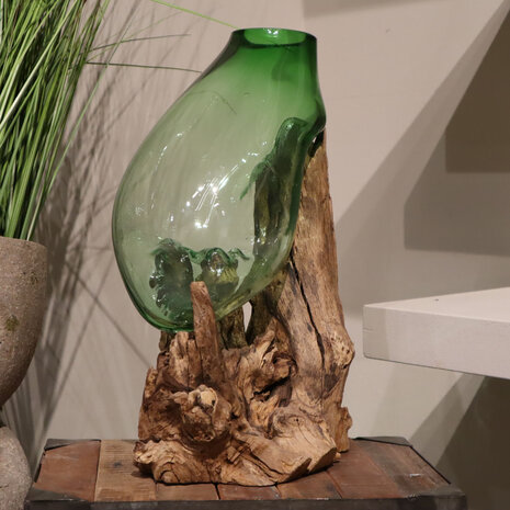 DKNC - Decoratief beeld - Hout met glas - Napels - 25x25x40cm - Groen