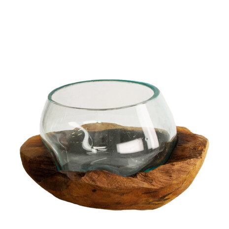 DKNC - Decoratieve schaal Tomar - Glas met hout - 20x20x13 cm - Bruin