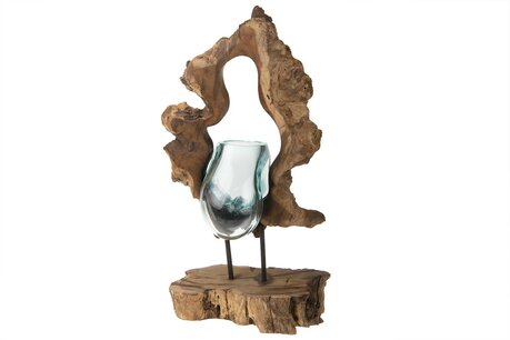 DKNC - Beeld Baza - Hout met glas - 24x17x45cm - Beige DKNC - Beeld Baza - Hout met glas - 24x17x45cm - Beige