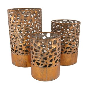 DKNC - Kaarsenhouder Munich - Metaal met glas - 17x28 cm - Set van 3 - Koper DKNC - Kaarsenhouder Munich - Metaal met glas - 17x28 cm - Set van 3 - Koper